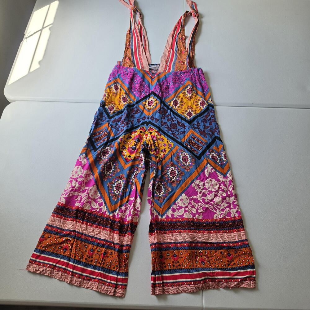 Free People Jumpsuit Womens 8 Multicolor Floral Wide Leg Tie Strap Boho Festival